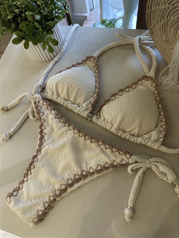 Top 014 cortininha com bojo removível com crochê + calcinha 013 amarrar Maragogi