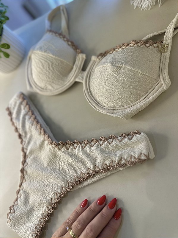 Top meia taca com crochê 093 + calcinha asa delta Maragogi