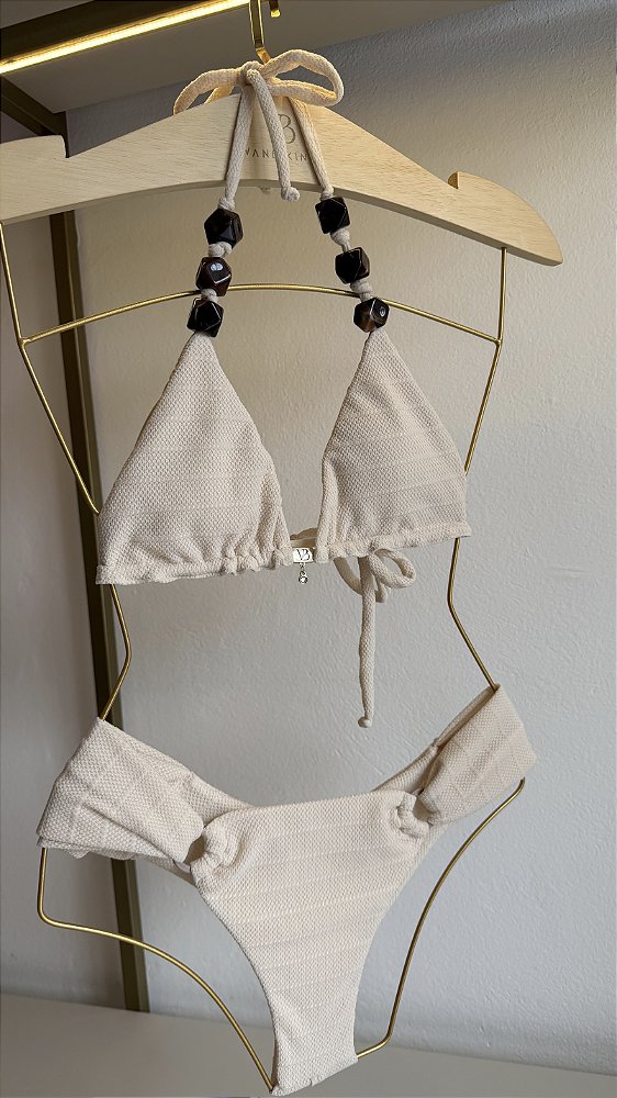 Top 004 cortininha com pedraria verdes alça + calcinha 555 cintura média com argolas Rivieira off white