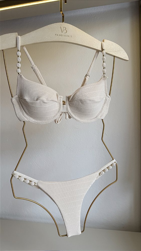 Top 093 aro micanga alcas + calcinha 016 semi fio com duas tiras e miçangas alças Rivieira off white