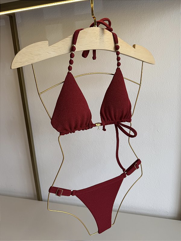 Top 004 cortininha com miçangas alça + calcinha 794 de regulagem fita Tulum vermelho