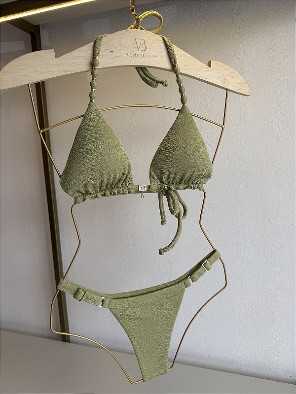 Top 004 cortininha com miçangas alça + calcinha 794 de regulagem fita Tulum verde pistache