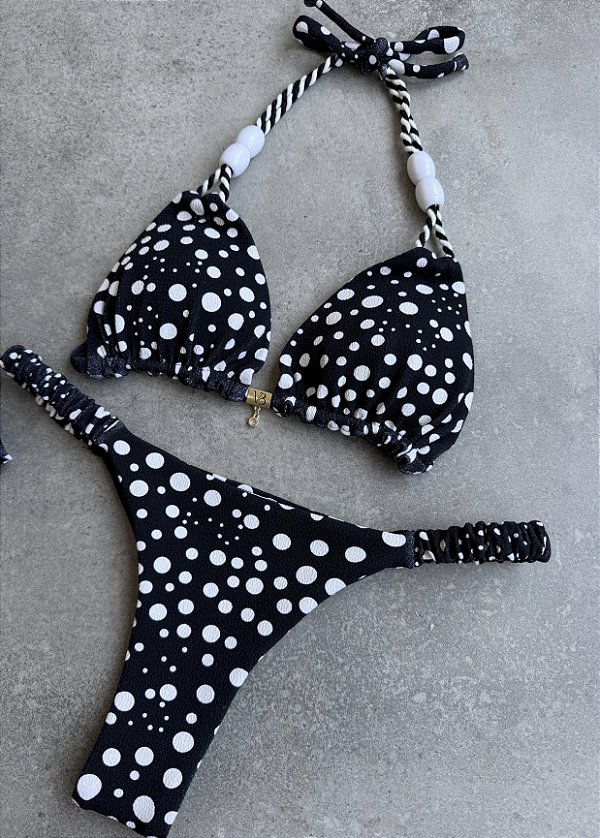 Top cortininha com bojo removivel com detalhes alca e micangas + calcinha regulagem lumiere preto