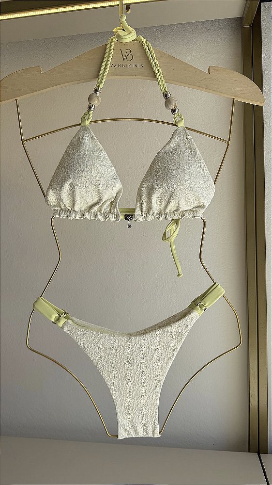 Top cortininha com bojo removivel com detalhes alca e micangas + calcinha regulagem 013 reg algodao doce amarelo