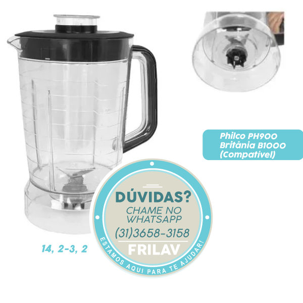 Copo / Jarra de Liquidificador Philco PH900 e Britânia B1000 - Cristal Preto - Compatível Micromax MM1537
