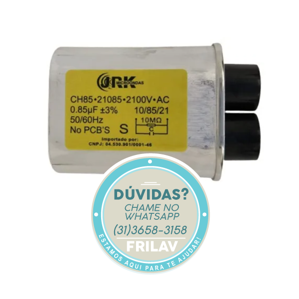 Capacitor de Alta Tensão 0,85 µF (2100 VAC) - AGT-85UF - Terminal Fino - Para Micro-ondas Universal