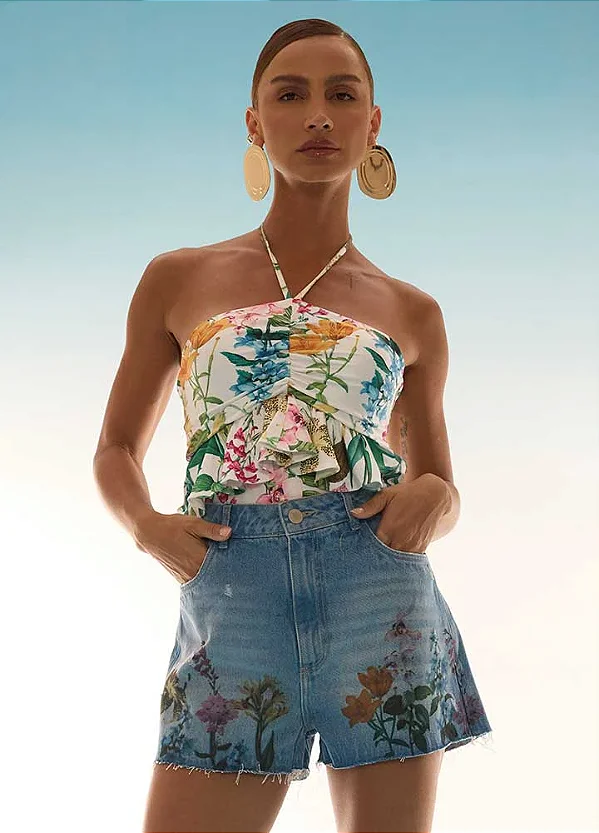 SHORTS JEANS ESTAMPADO FLORES
