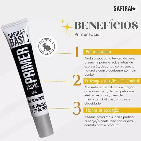 Primer Facial Pré-Make Safira – 28ml, Pele Lisa e Maquiagem Duradoura