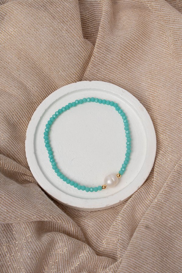 PULSEIRA DE CRISTAL AZUL TURQUESA COM PÉROLA NATURAL