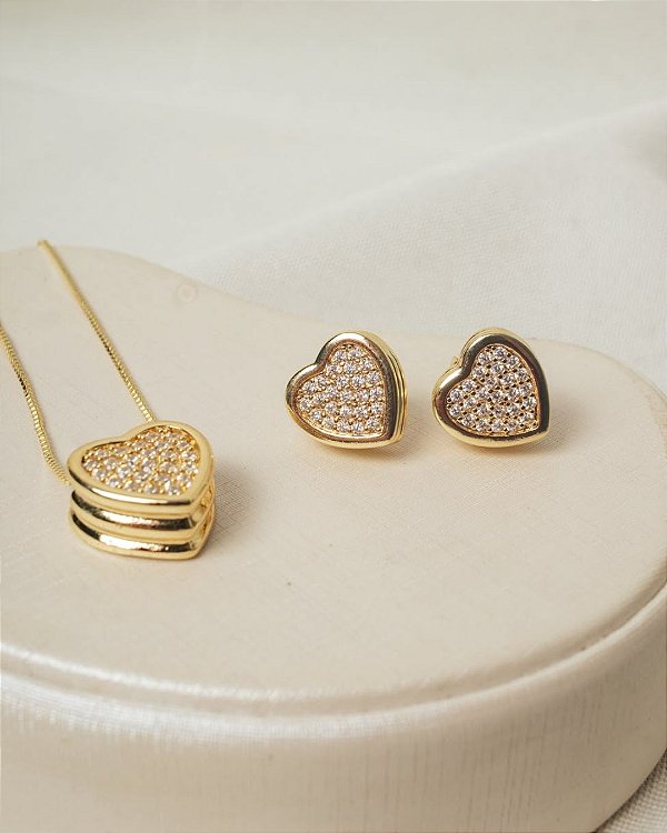 Conjunto Coração com Zircônia - Dourado