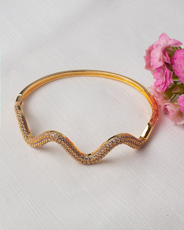 Bracelete Ondulado Cravejado com Zircônia - Dourado