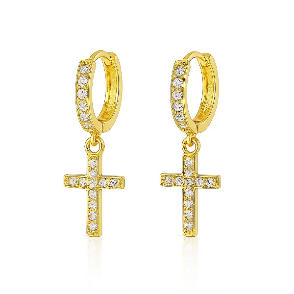 Par de Brinco Argola Cruz Cravejada Banhado a Ouro 18k