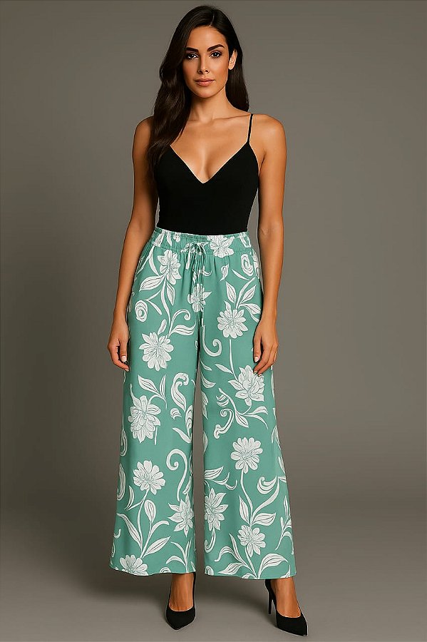 Calça Pantalona Viscose Estampada Verde G