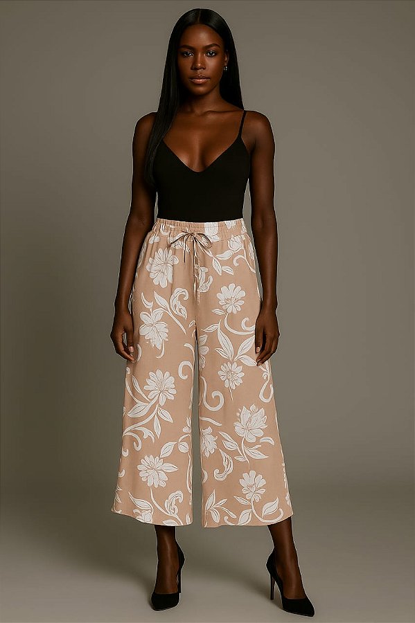 Calça Feminina Pantalona Viscose Estampado Bege G