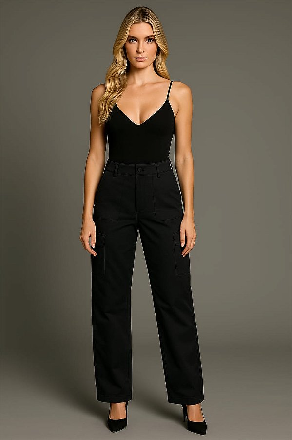 Calça Alfaiataria Cargo com Bolso Preta G