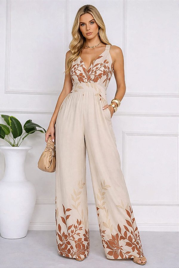 Macacão Longo Alça Franzido Estampado G1