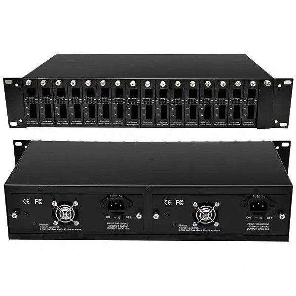 Rack Chassis para conversor de mídia 14 Slots 5x 2U 2 fontes redundantes comp TP-Link, Intelbras, 2Flex e outros
