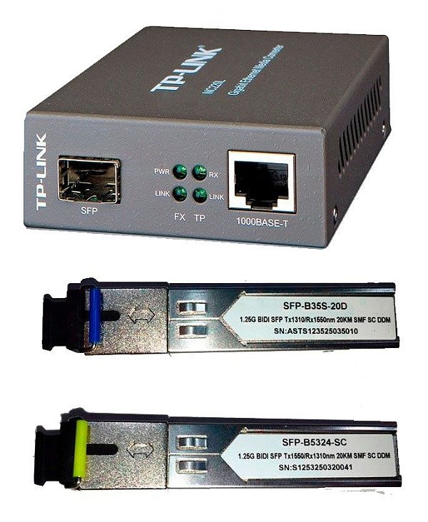 Kit Conversor Fibra Óptica PTP 1 Mc220l + par de Gbic Monomodo 20km Sc 1fo Bidirecional