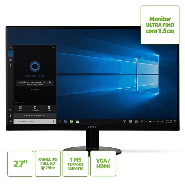 Monitor Acer 27'' Ultra-fino, Full HD/75Hz/HDMI VGA SA270 - Fink Tecnologia  - Coletores de Assinaturas, Informática e Eletrônicos