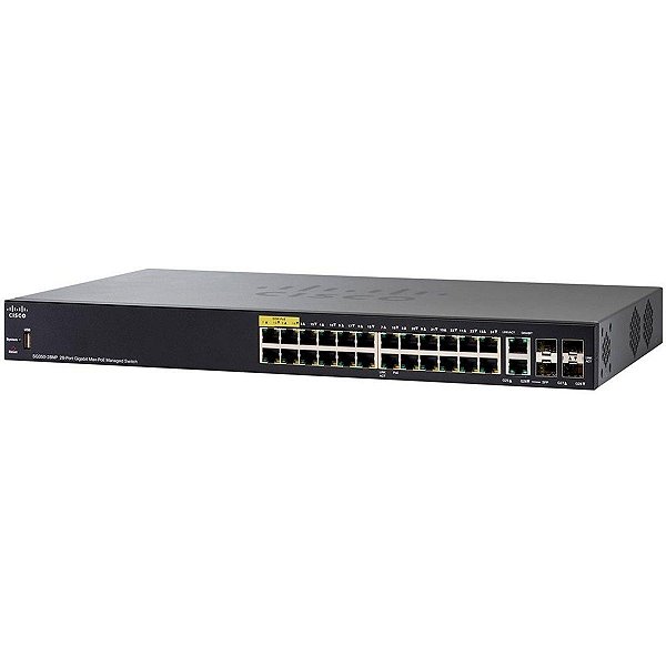 Switch Cisco com 24x PoE+ 10/100/1000Mbps RJ45 + 2x Gigabit Combo (RJ45 ou SFP 1G) 2 x slots SFP (Potencia PoE: 382W) / SG350-28MP-K9-BR