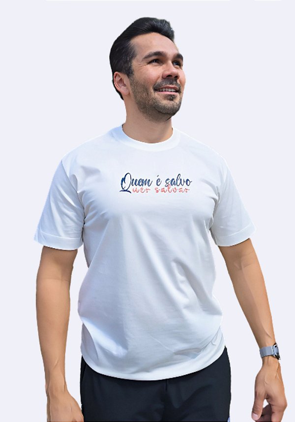 Camiseta Masculina Quem é Salvo quer Salvar -Cor Marfim