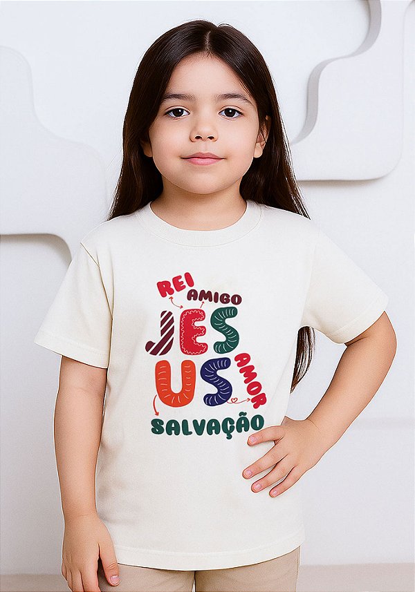 Camiseta Infantil Unissex- Jesus Adjetivos -Cor Marfim