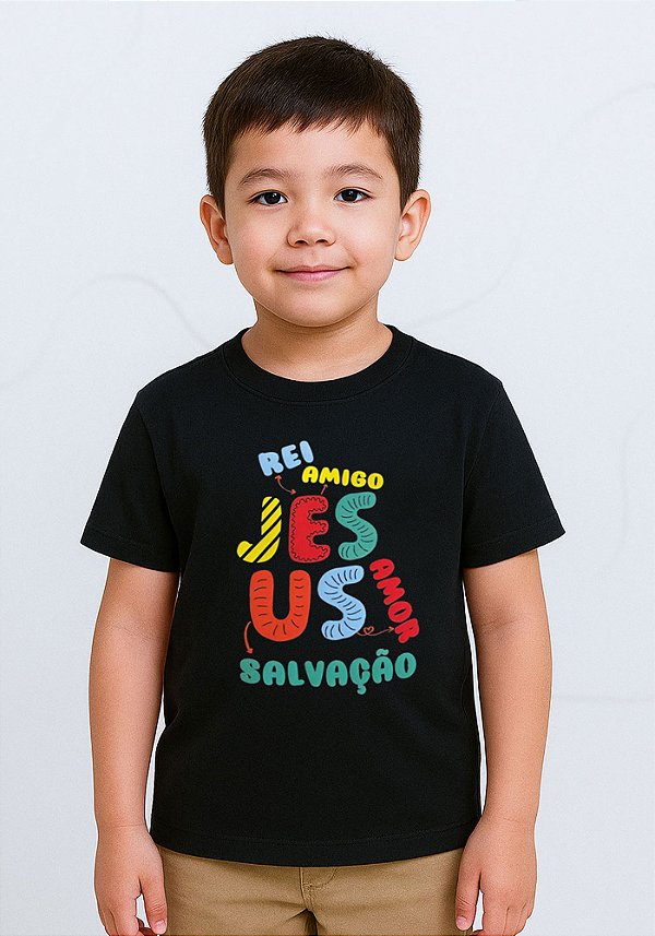 Camiseta Infantil Unissex- Jesus Adjetivos -Cor Preto