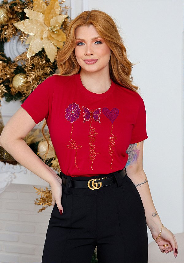 Camiseta Feminina Fé, Esperança, Amor- Strass -Cor Vermelho