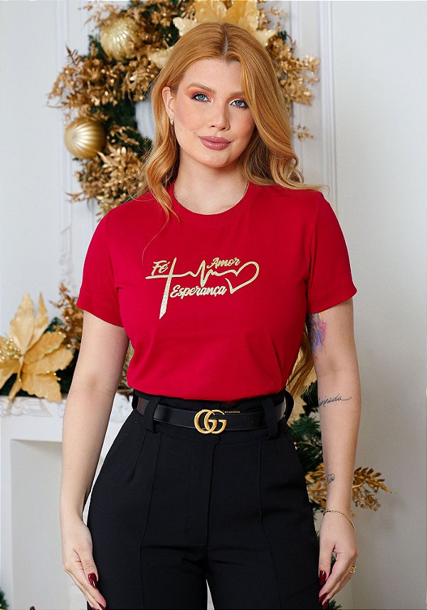 Camiseta Feminina Fé, Esperança, Amor- Patch -Cor Vermelho