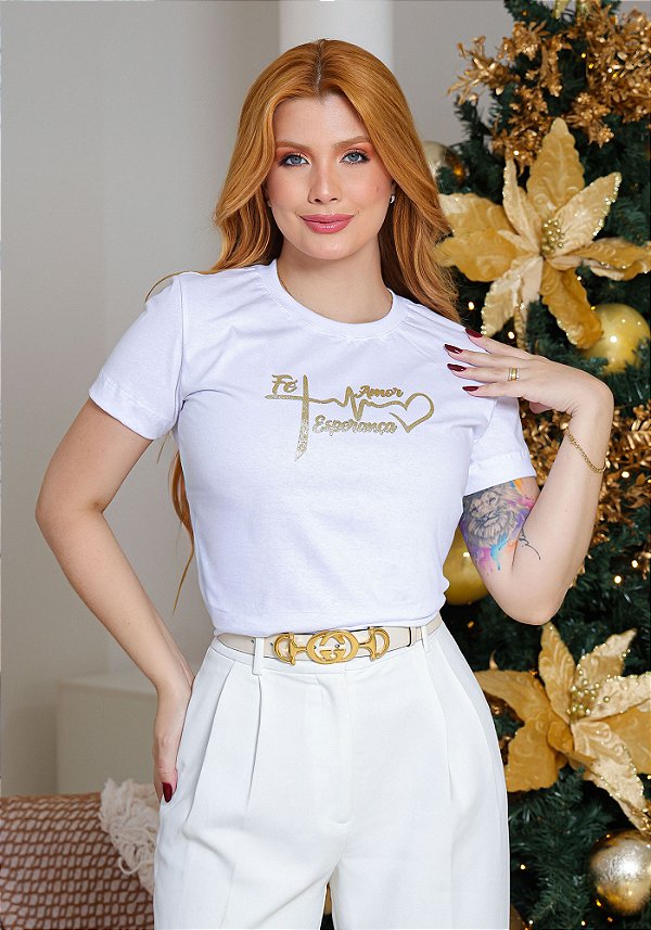 Camiseta Feminina Fé, Esperança, Amor- Patch -Cor Branco