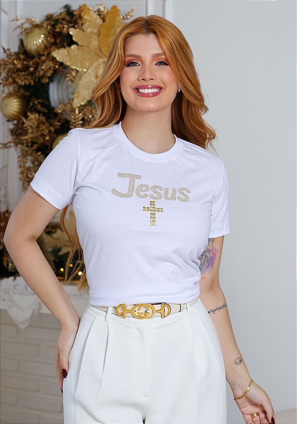 Camiseta Feminina Jesus Cruz Strass -Cor Branco