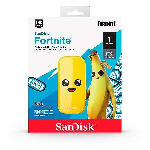 SSD Externo SanDisk Fortnite 1TB, USB 3.2 Gen 2 Portátil,800 MB/s, Amarelo