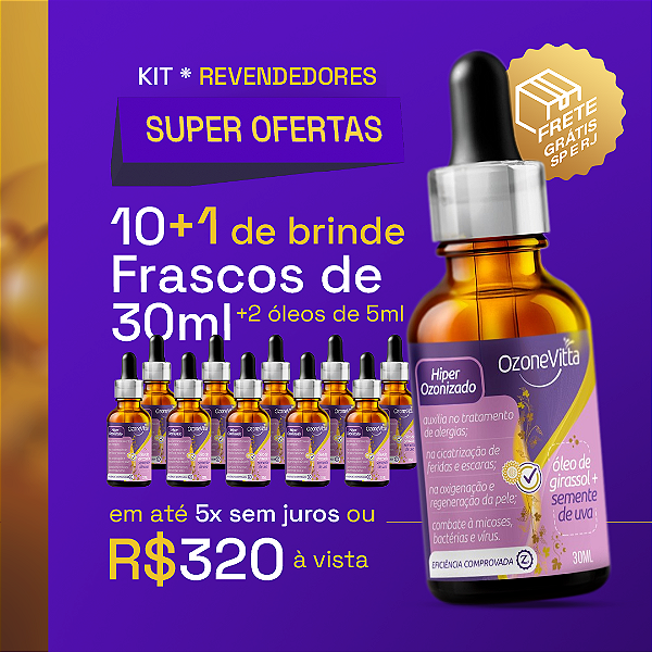 Kit Revendedor – Blend Girassol + Semente de Uva (10 frascos) + Bônus Óleo de Girassol 30 ml + 2 und. 5 ml – PRÉ-VENDA