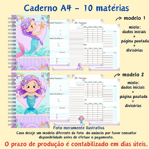 Caderno Pautado A4 10 Matérias no Tema Sereia Cute