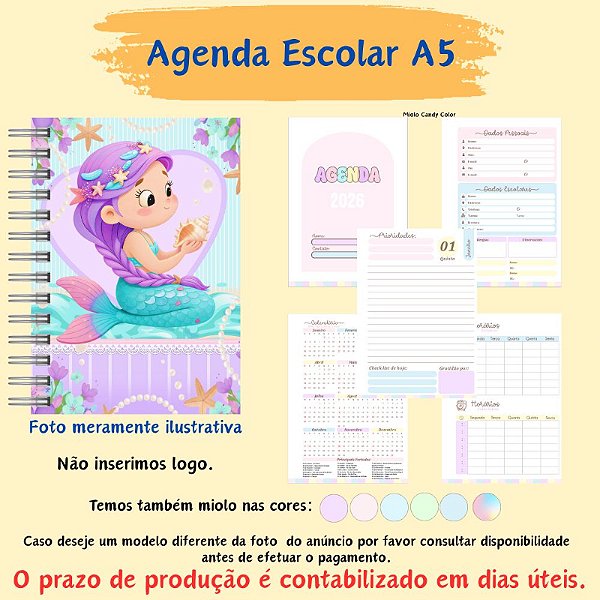 Agenda Escolar A5 Personalizada no Tema Sereia Cute
