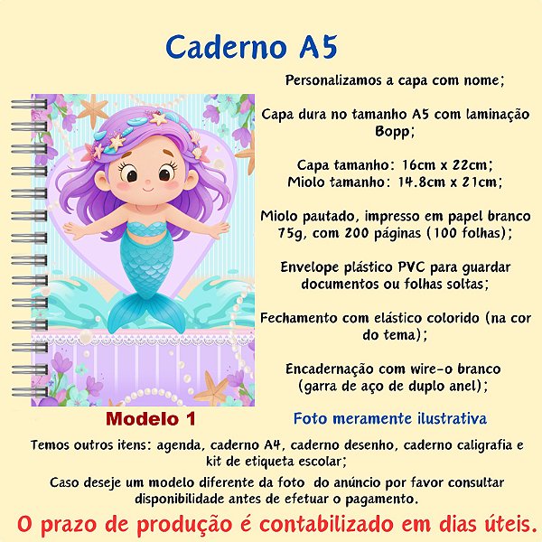 Caderno A5 no Tema Sereia Cute