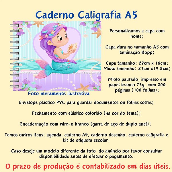 Caderno Caligrafia A5 no Tema Sereia Cute