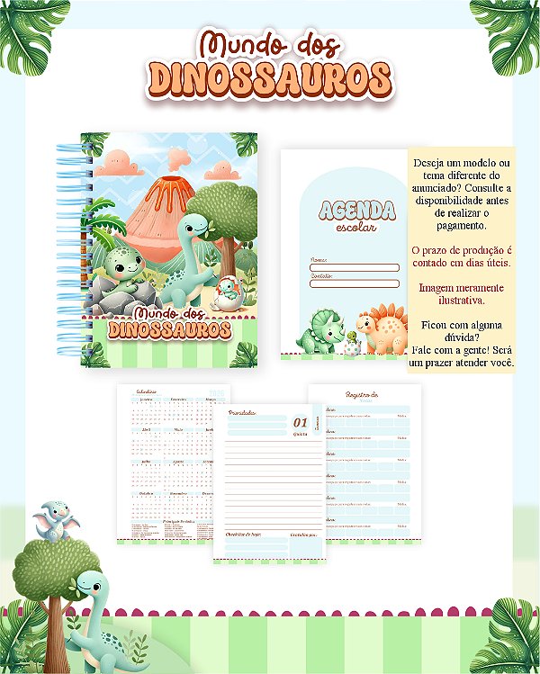 Agenda Escolar A5 Personalizada no Tema Dinossauro