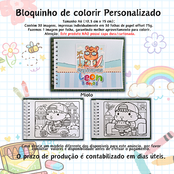 Kit 24 Bloquinhos de Colorir no Tema Capivara Menino