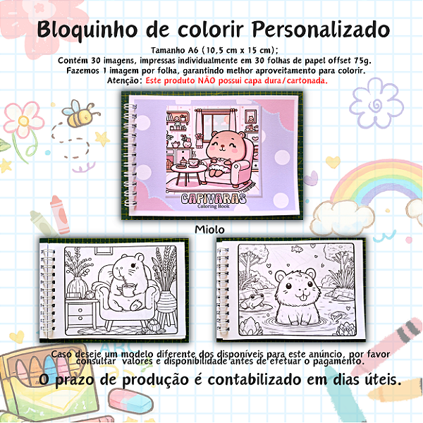 Kit 24 Bloquinhos de Colorir no Tema Capivara Menina