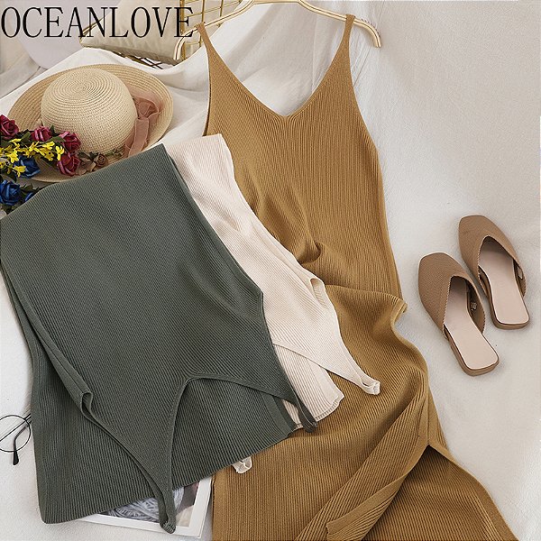 Oceanlove decote em v sólido vestidos de malha casual todos os jogos simples /vestido feminino elegante novas roupas