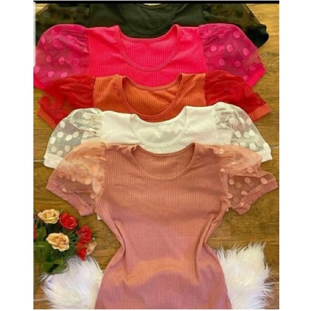 Blusinha Manga Curta Bufante Tule Bolinha Feminina Canelada Blogueira Moda Verão
