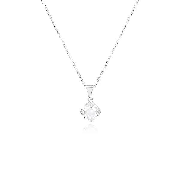 Gargantilha Pingente Quadrado Cravejado Zircônias e Pérola Folheado Prata 1000