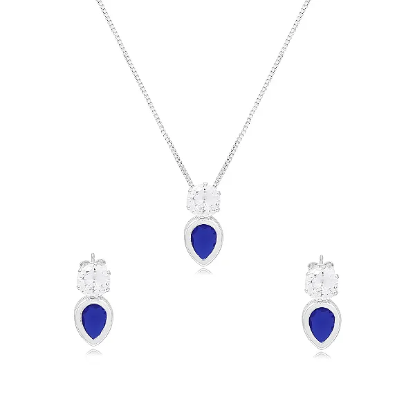 Conjunto Pedras Zircônias Redonda e Gota Folheado Prata 1000