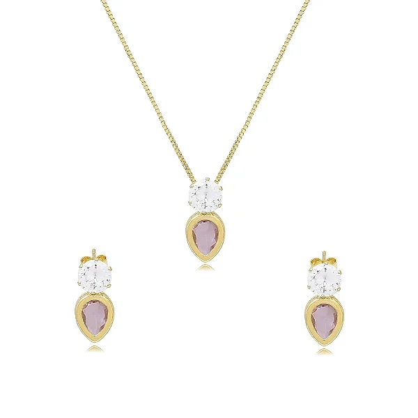 Conjunto Pedras Zircônias Redonda e Gota Folheado Ouro 18K