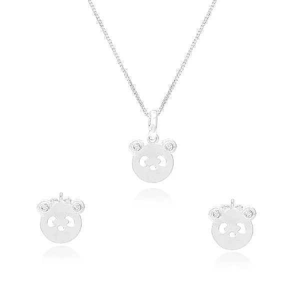 Conjunto Infantil Urso com Zircônias Folheado Prata 1000