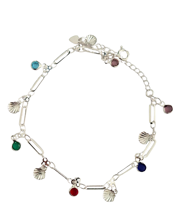 Pulseira Pendentes Concha do Mar e Strass Folheado Prata 1000