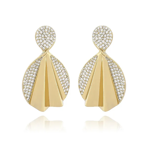 Brinco Leque Zircônia Folheado Ouro 18k