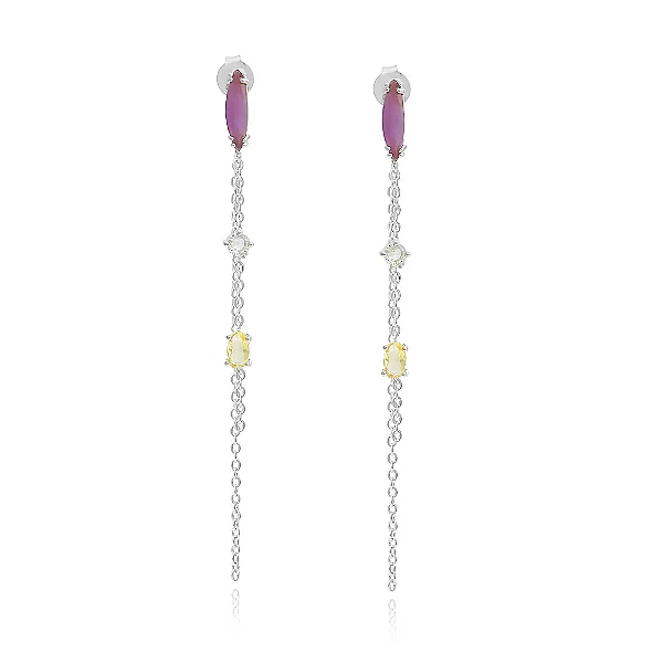 Brinco Grande Correntes Zircônia Ródio Branco