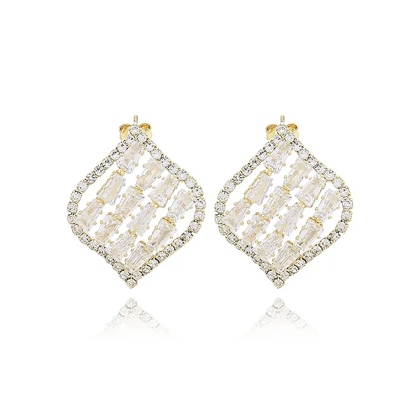 Brinco Folha Zircônia Baguete Ouro 18k Feminino